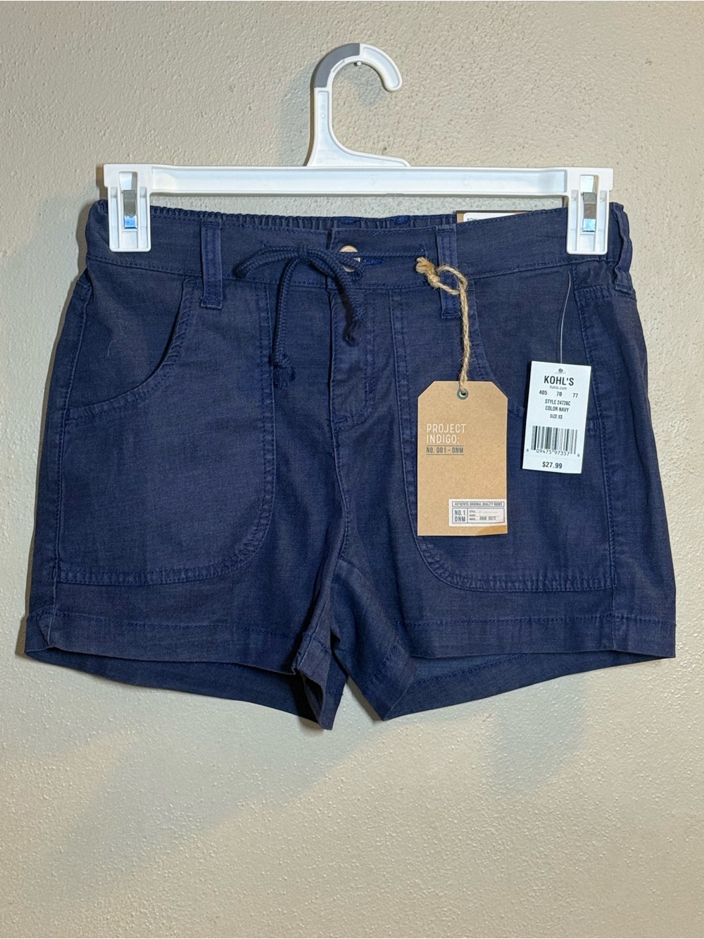 NWT Project Indigo Womens Mid Rise Navy Drawstring Shorts Sz XS